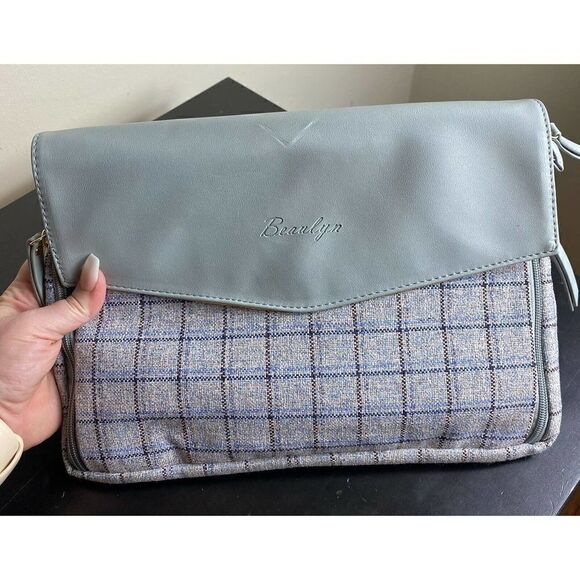 Beaulyn Leather Travel Changing Pad Blue Plaid Diaper Storage Wipes Case - Picture 1 of 10